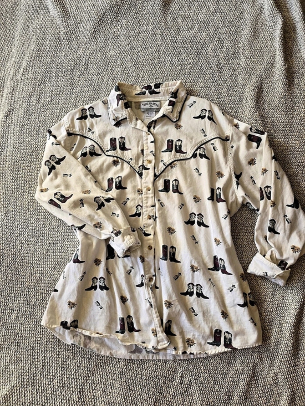 Vintagr Side Saddle Cowboy Boot Print Button Down Size Xl